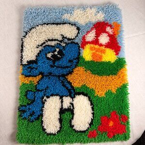 Vintage 1980's Smurf Latch Hook WonderArt 18 x24 Wall Decor Wall Art Finished